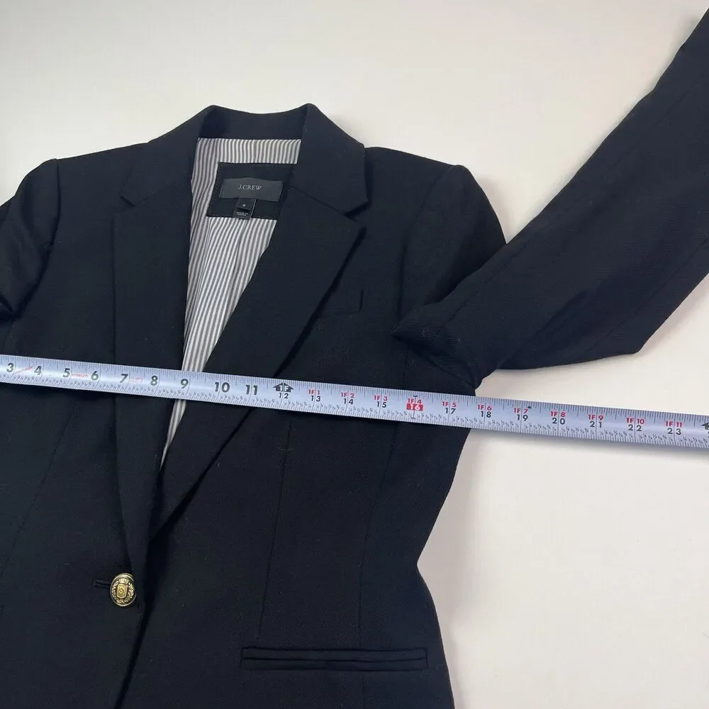 J Crew Wool Blazer Size 6 Black Gold Crest Buttons Striped Lining Preppy Office